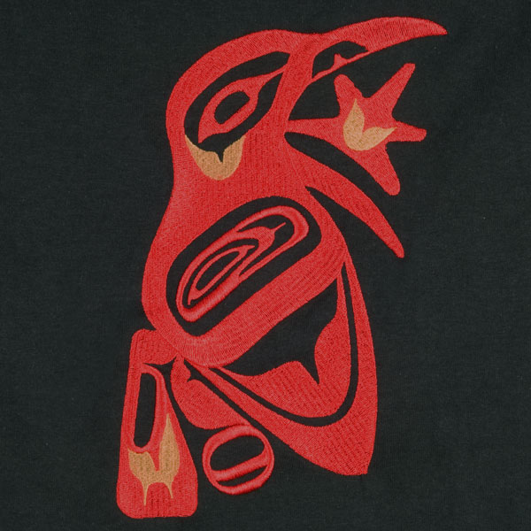Raven & the Sun, designed by Fred Clifton, are embroidered in red on this black T-shirt.
