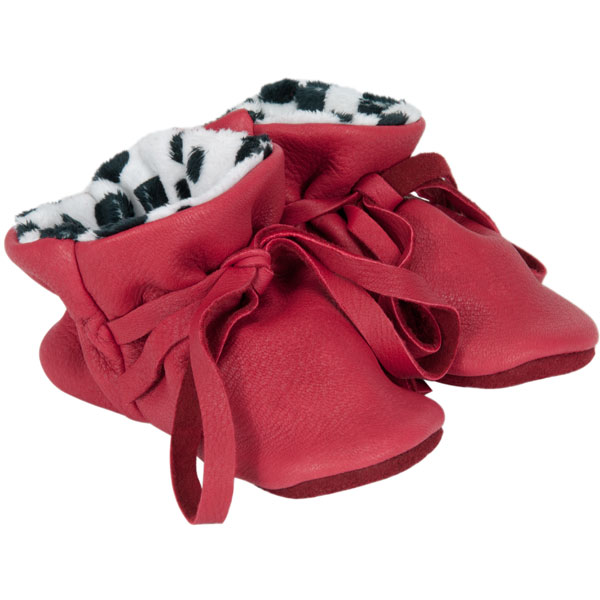 Baby Moccasins, Red Deerskin with Dalmation Print Lining