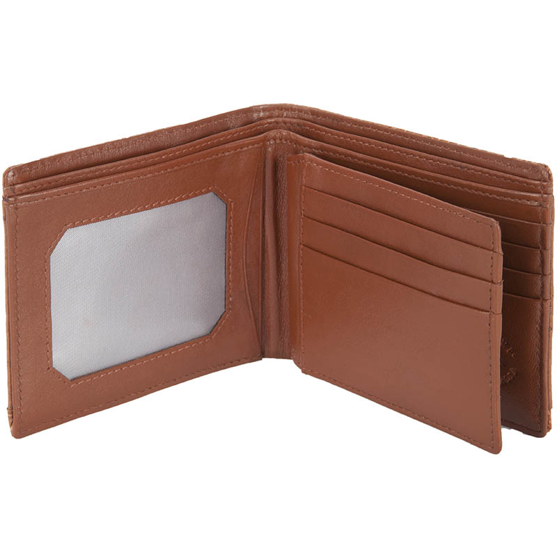 Ten Pocket Wallet, Emu Leather, Tan :  This wallet has an identity window on one side, four card slots on the other side  and two center opening pockets.