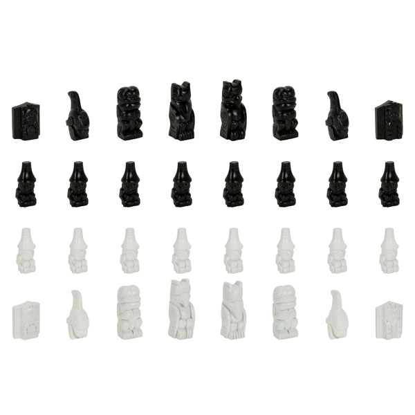 The chess set includes the 16 black pieces and 16 white pieces.