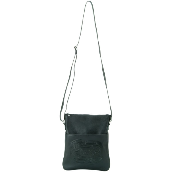  The leather shoulder strap adjusts between 28 and 48 inches in length.