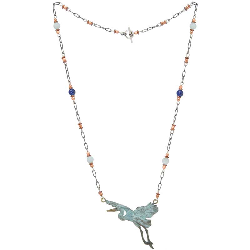 Gliding Heron Necklace -- The 20 inch chain has Heishi beads and polished stones to complement the necklace.