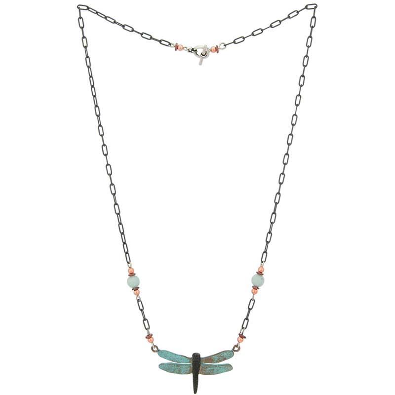 Dragonfly Necklace : Copper, heishi, and amazonite beads decorate the 18 inch antiqued silver chain with a toggle clasp.