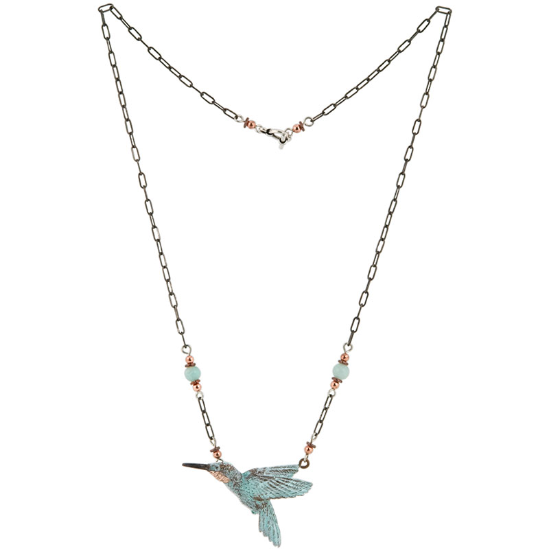 Hummingbird Necklace -- Heishi beads and polished stones complement the antiqued silver 20 inch necklace.