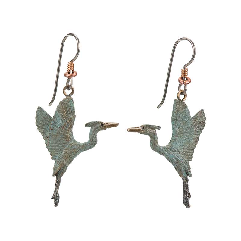 Heron Rising Earrings, Fishhook, Bronze