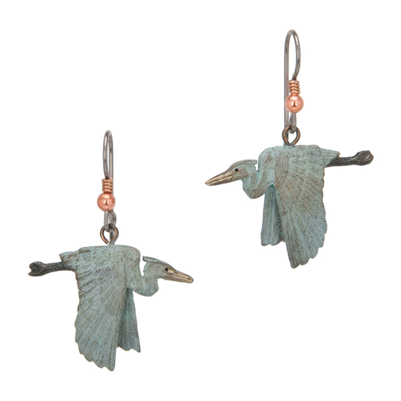 Heron Flying Earrings, Fishhook, Bronze