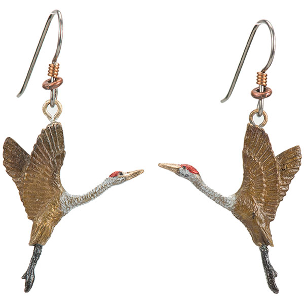 Crane Rising Earrings, Bronze