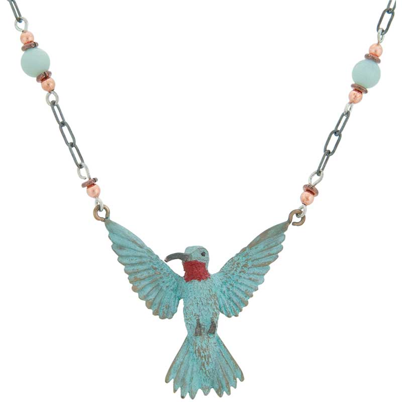 3-D Hummingbird Necklace by Cavin Richie :  The chain is 24 inches long with a toggle clasp. Heishi beads and polished stones complement the antiqued sterling silver chain.