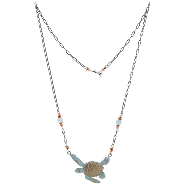 Copper, heishi and amazonite beads decorate the 20 inch antiqued silver chain of the Sea Turtle Necklace.