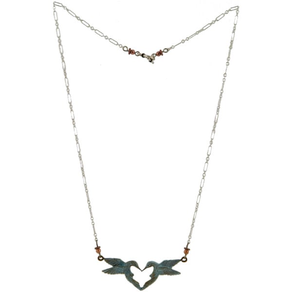 Hummingbird Heart Necklace -- Copper beads tip the ends of the 18 inch sterling silver chain with a toggle clasp.