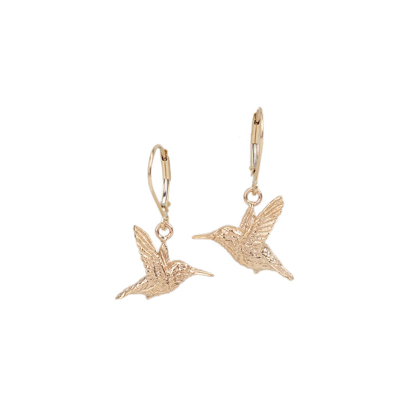 Mirrored Rufous Hummingbird Earrings, 14 kt. Gold