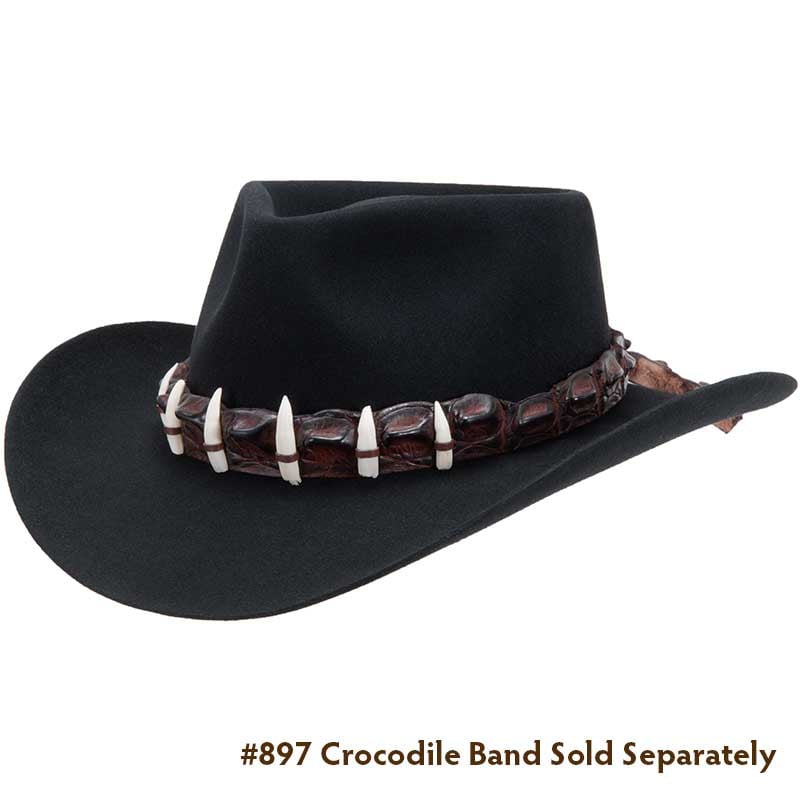 Crocodile Hat Band with Teeth, shown on the #1611 Snowy River Hat by Akubra