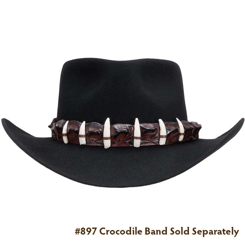 Crocodile Hat Band with Teeth, shown on the #1611 Snowy River Hat by Akubra
